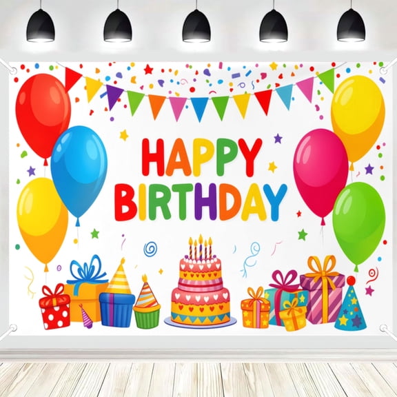 Happy Birthday Backdrop, Colorful Balloon Cake Gift Photo Background Banner for Birthday Party, Photography Booth Decorations 4x6ft
