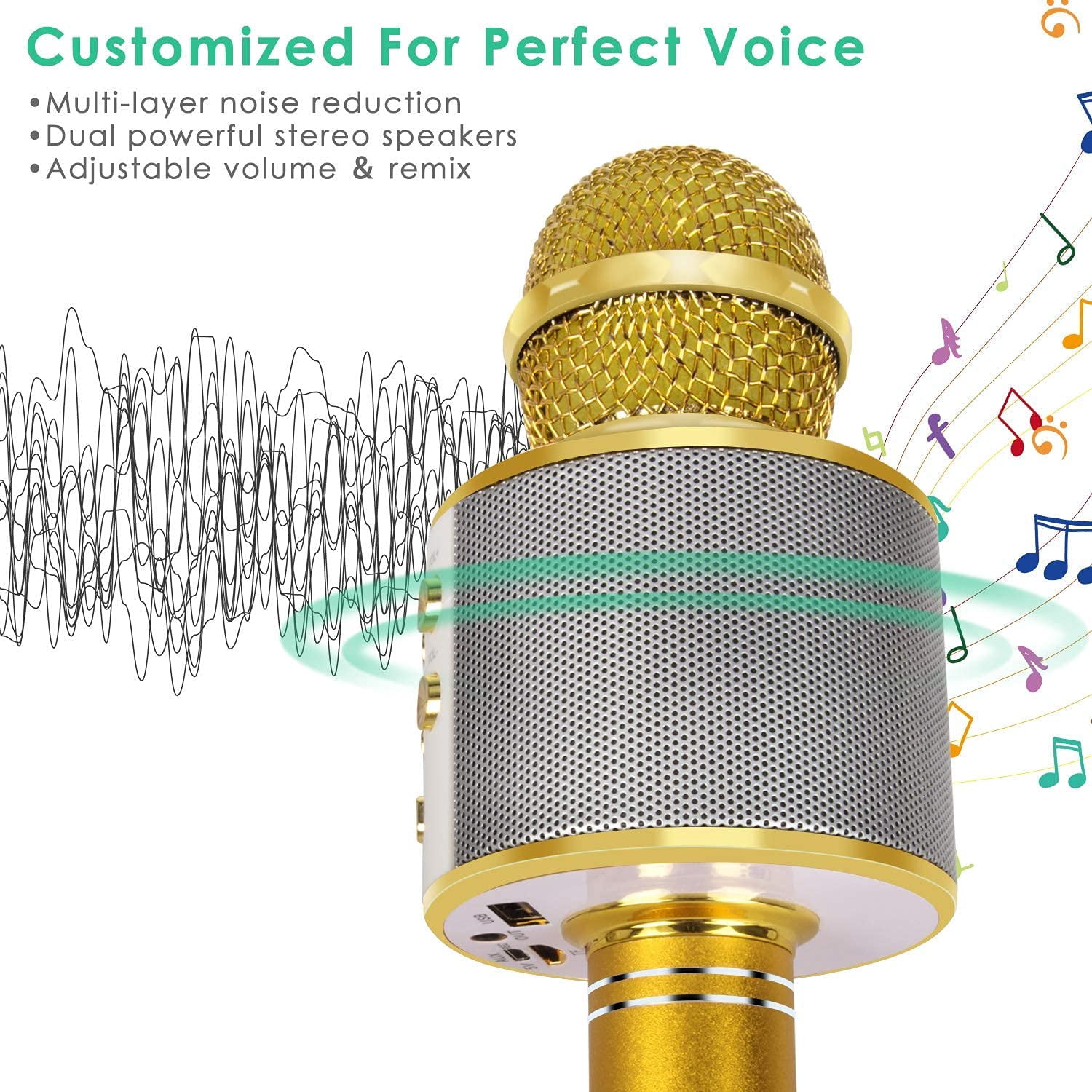DAKIMOE Wireless Bluetooth Karaoke Microphone, Portable Handheld Singing Microphone for Kids Adults with Stereo Speaker and Voice Changer for All Smartphones, Gifts for Girls Kids Adults, Gold