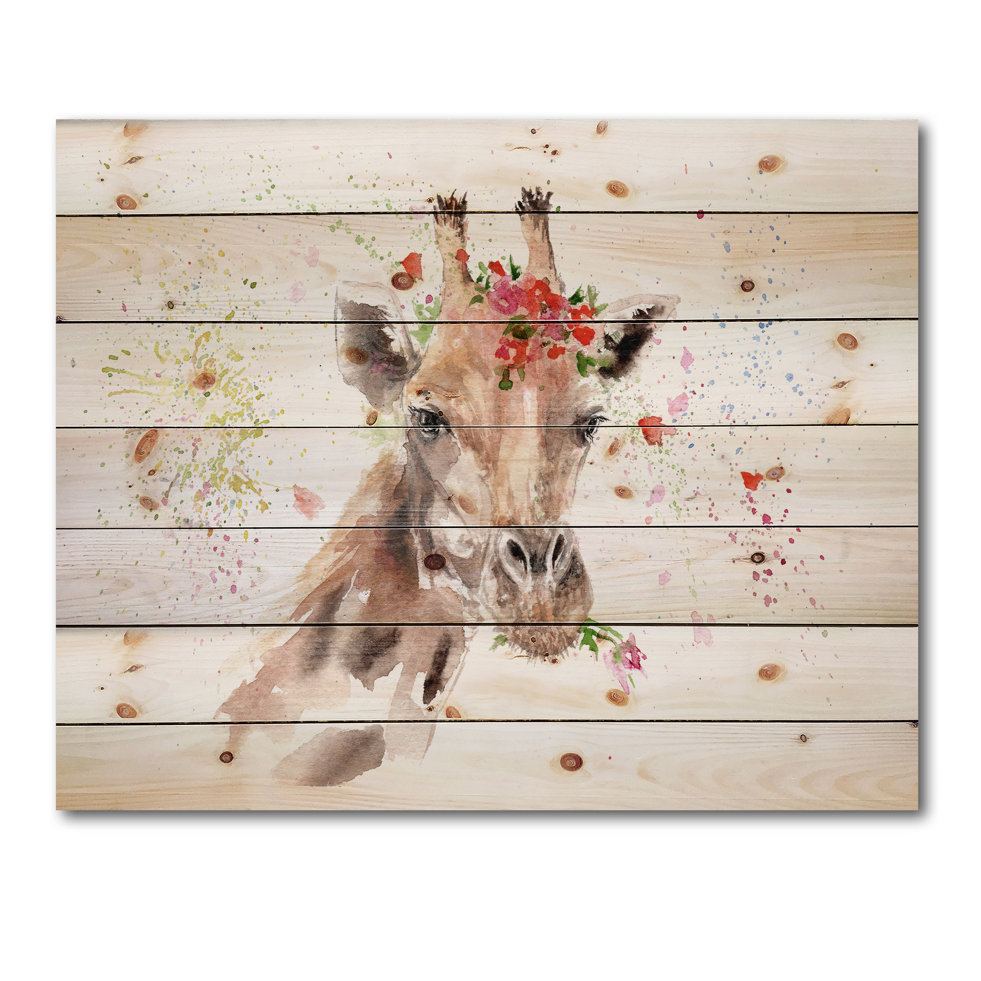 Designart 'Portrait of A Giraffe With Red Flowers II' Farmhouse Print on Natural Pine Wood