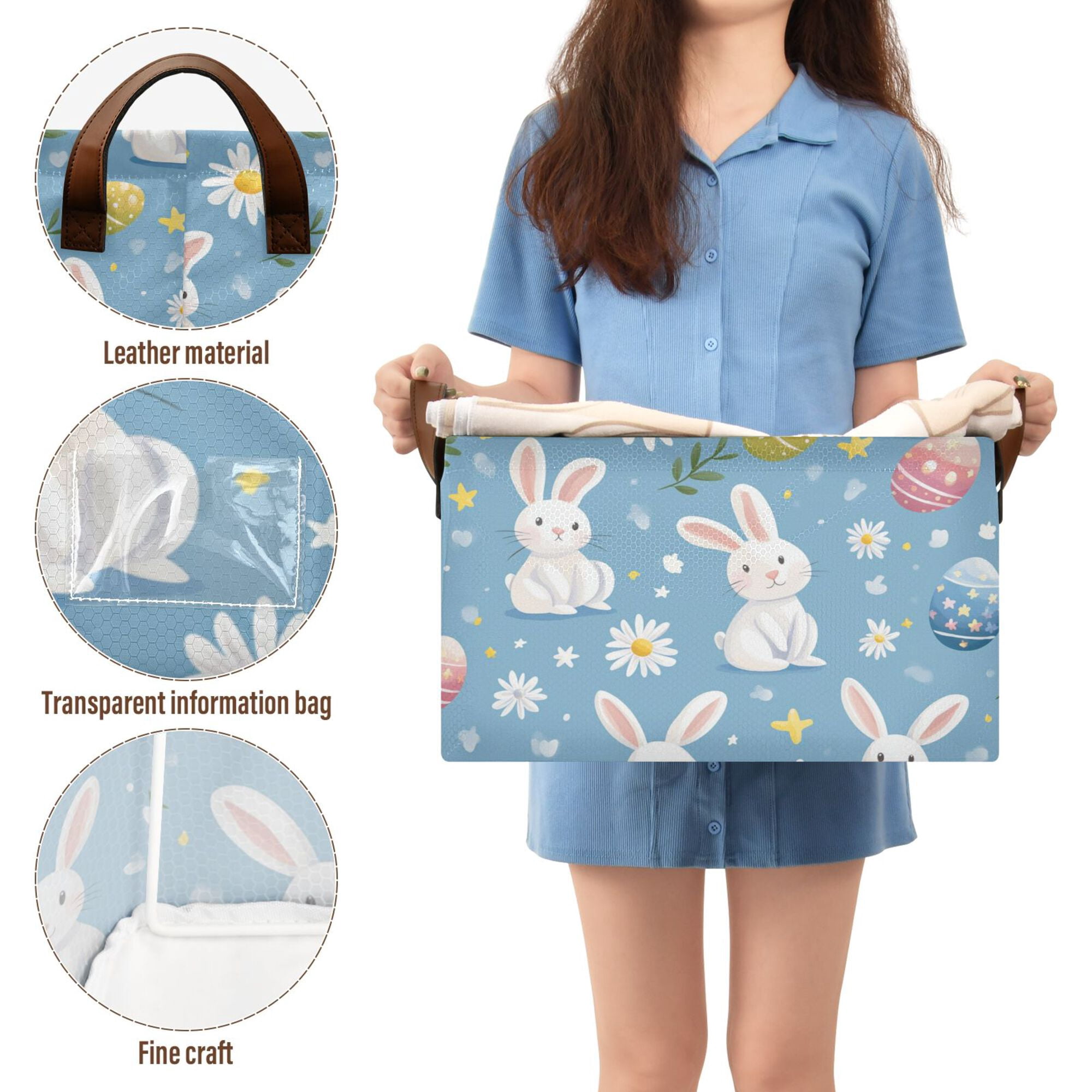 Yayeee Foldable Storage Basket for Shelves Waterproof Cloth Bins with Handles, Cartoon Easter Bunnies