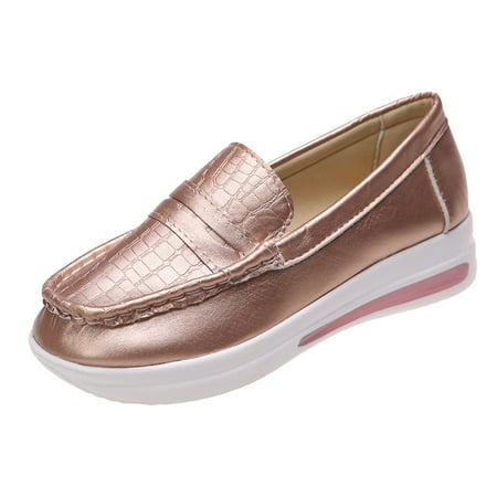 NIEWTR Womens Penny Leather Casual Slip On Round Toe Work Low Heel Loafers Dress Shoes Casual Shoes (6 Gold)