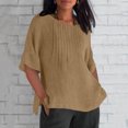 thumbnail image 2 of Fashion Olyvenn Linen Shirts for Women Basic Plus Size 3/4 Sleeve Tops Summer Casual Round Neck Pullover Blouse Ladies Tunic Tshirt Khaki XXL, 2 of 4