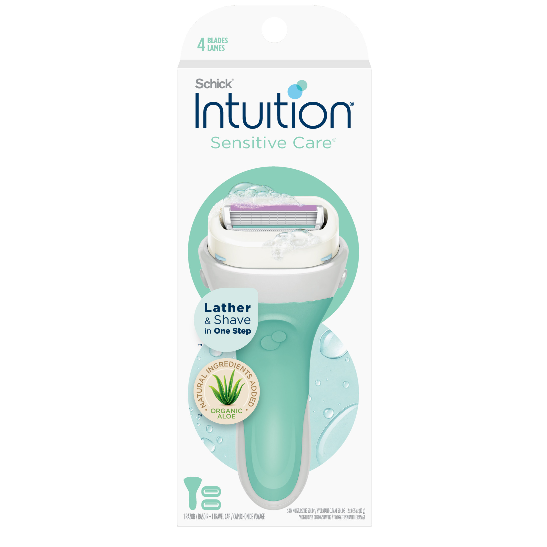 Schick Intuition 4-Blade Sensitive Care Women's Razor Handle Plus 2 Razor Cartridge Refills, Lather & Shave in One Step, With Aloe & Vitamin E - image 3 of 10