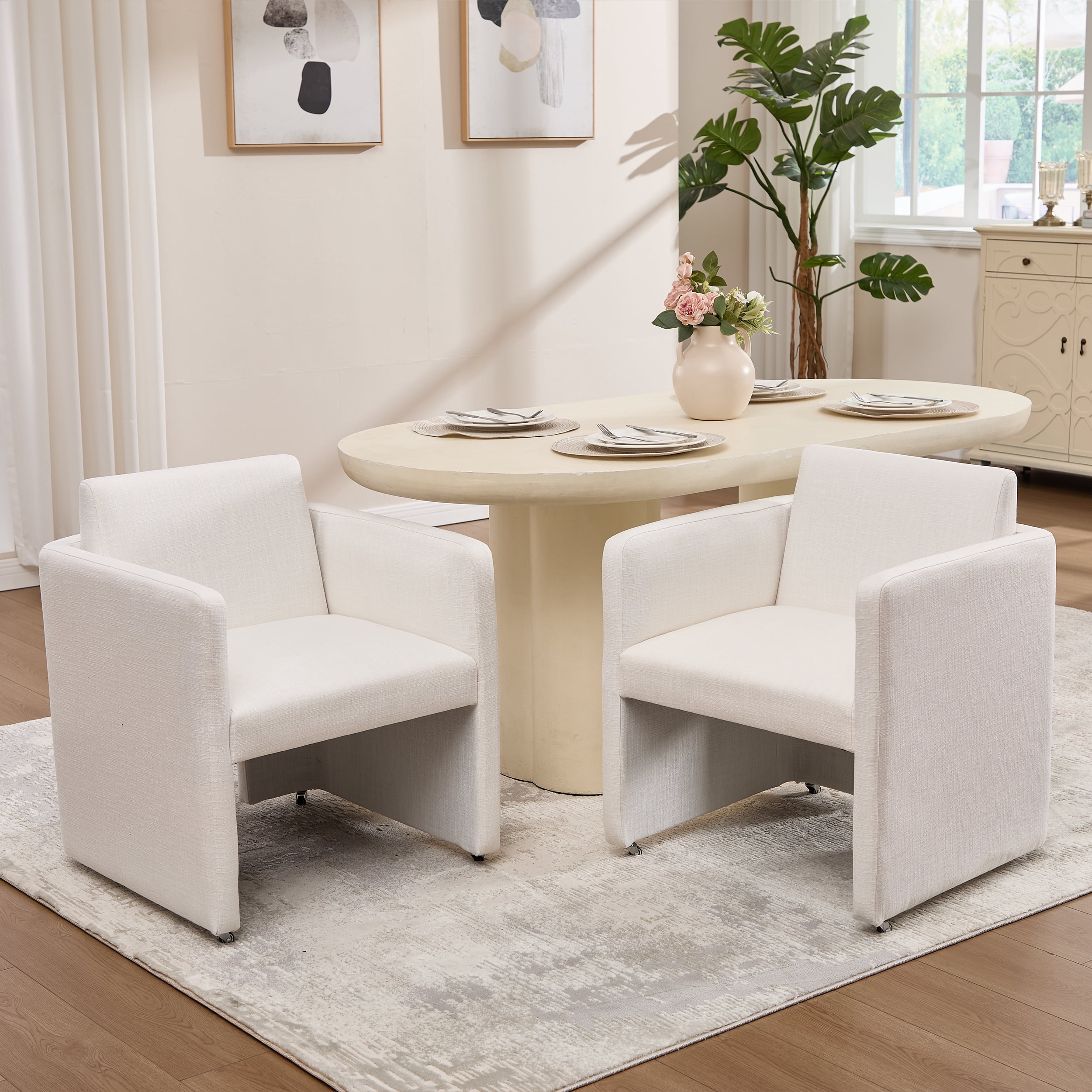 Barrel Dining Chair with Linen Fabric and Arms, Upholstered Accent Chair and Side Seating for Living Room Home Office Reception, Linen Cream