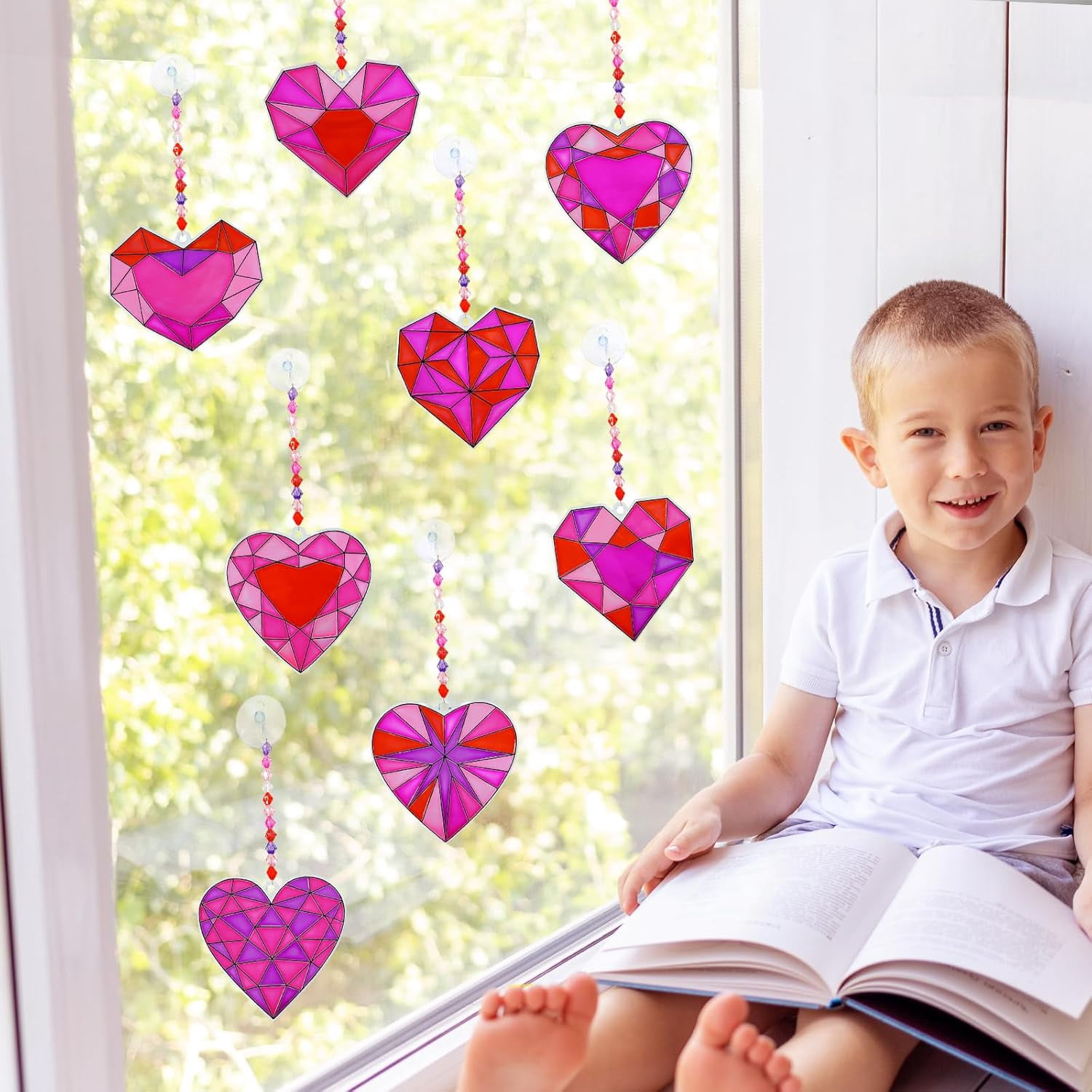 24 Sets Heart Suncatchers Ornaments Decorations DIY Window Paint Art Stickers Craft Kit Heart Sun Catchers for Kids Valentine's Day Pirate-Themed Birthday Activities Art Project Party Favors