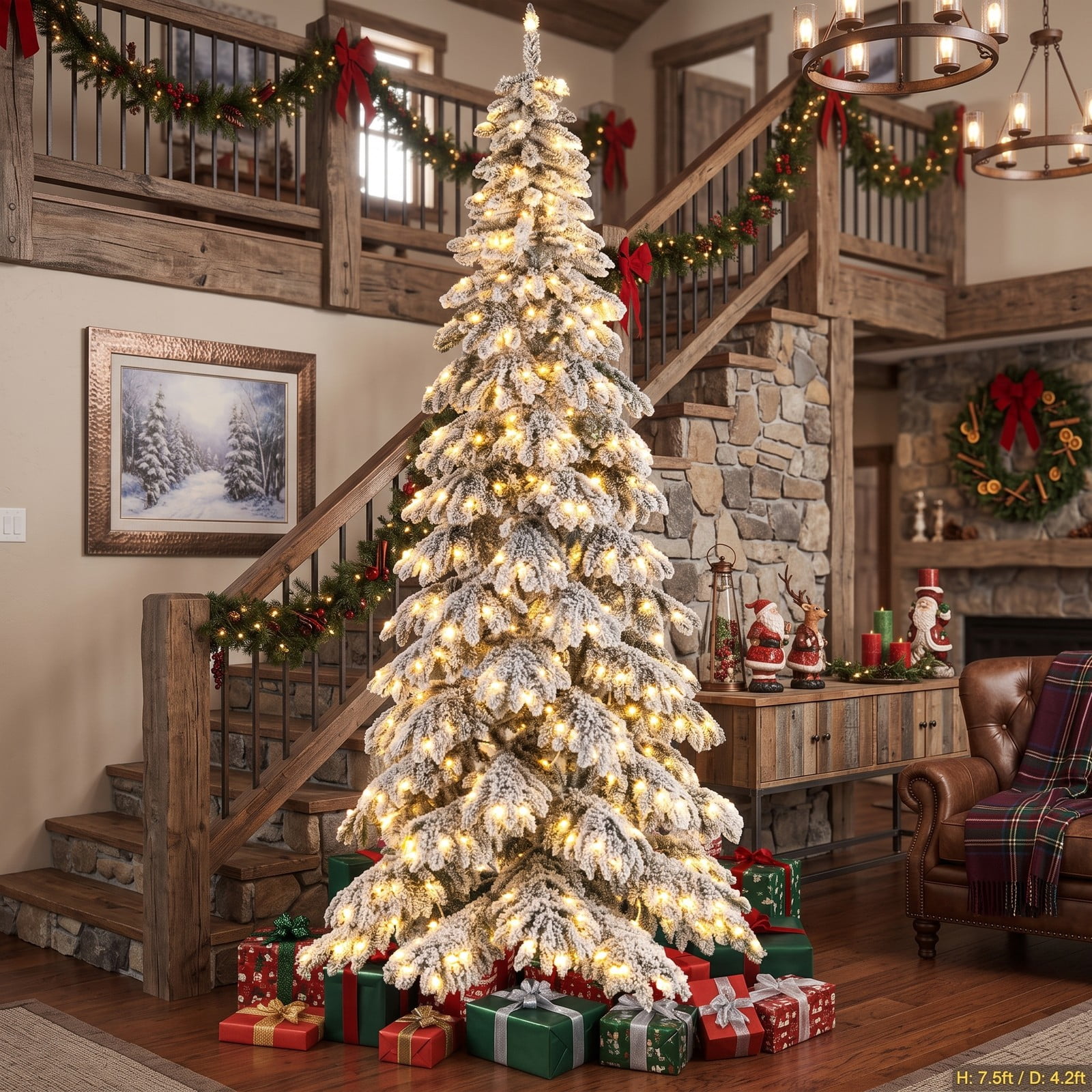 RUIE 9 FT Pre-Lit Artificial Christmas Tree, Snow Flocked Hinged Xmas Tree with 500 Warm White LED Lights, Quick Power Connectors and Foot Pedal Switch, Metal, White