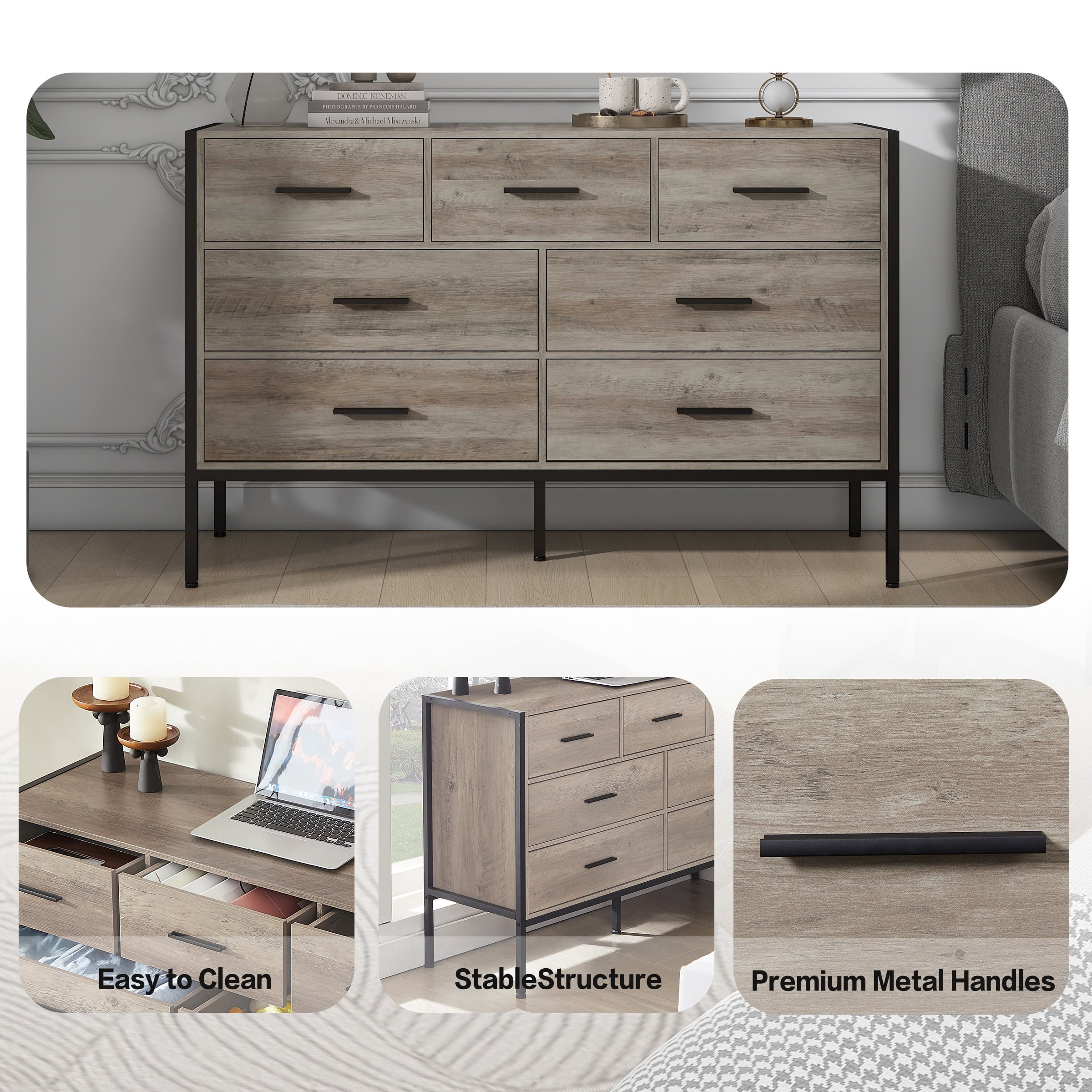 PORKISS 7 Drawer Dresser, Wood Chest of Drawers, Industrial Style Horizontal Dresser for Bedroom, Solid Clothes Storage Cabinet with Sturdy Steel Frame, Wooden Dresser Organizer, Gray