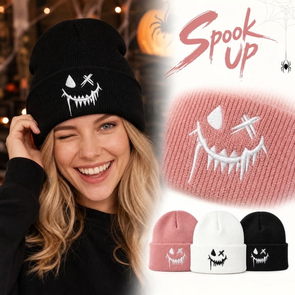Fabrcox Halloween Cuffed Knit Beanie Hat for Adults and Teens, Unisex Soft Warm Beanie with Embroidered Spooky Face Pattern, Holiday Party Costume Accessories Black