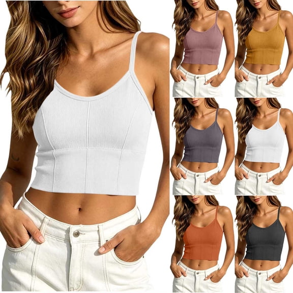 Pafei Tyugd Women Crop Camisole Spaghetti Strap Tank Tops Built in Bra Y2K Clothes for Going Out Scoop Neck Tshirts Orange L