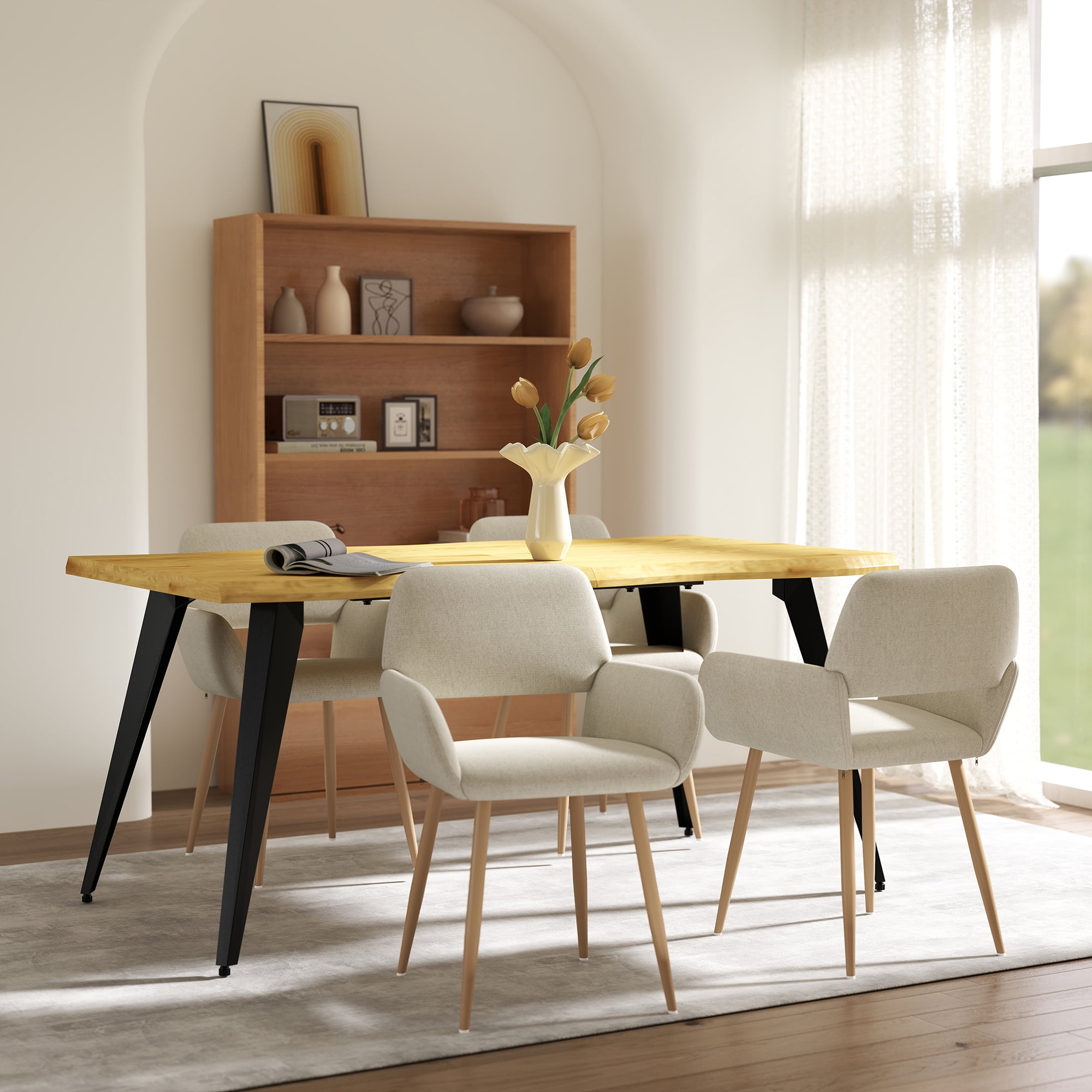Homy Casa 4 Seater Chair Dining Table Set with Live Edge Industrial Faux Natural Table and Armchairs, Beige Fabric