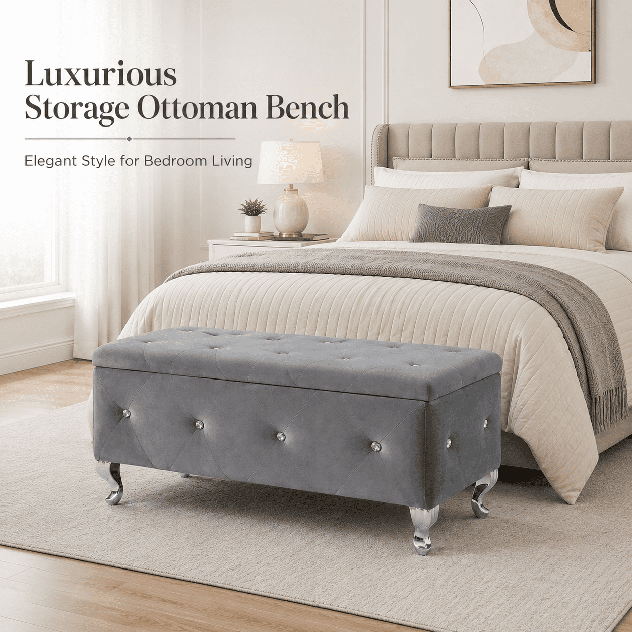 Aukfa 38" Upholstered Storage Ottoman Bench with Hidden Storage, Crystal Tufted Velvet Bed Bench, 380 lb, Gray