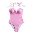 thumbnail image 4 of WEIGFI Womens Swimwear One-Piece Spaghetti Strap V-Neck Beachwear Sweet Tie Knot Ruffles Striped Bathing Suit Tummy Control Casual Pool Swimsuit,Pink,L, 4 of 4