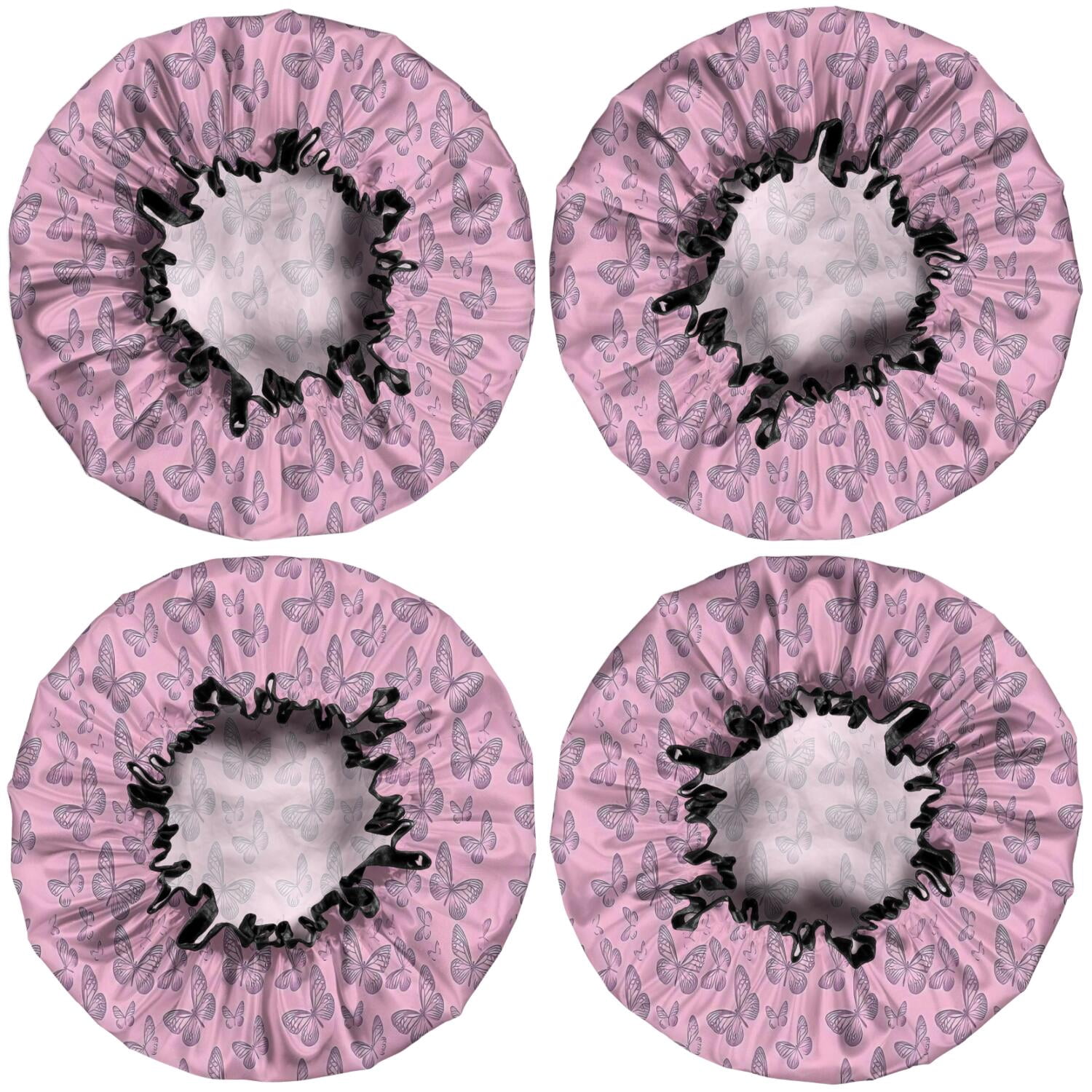 Shower Caps,Pink Butterfly Pattern Waterproof Shower Cap for Women 4 Pieces,Double Reusable Hair Cover for Shower PEVA Elastic Stretch Hem