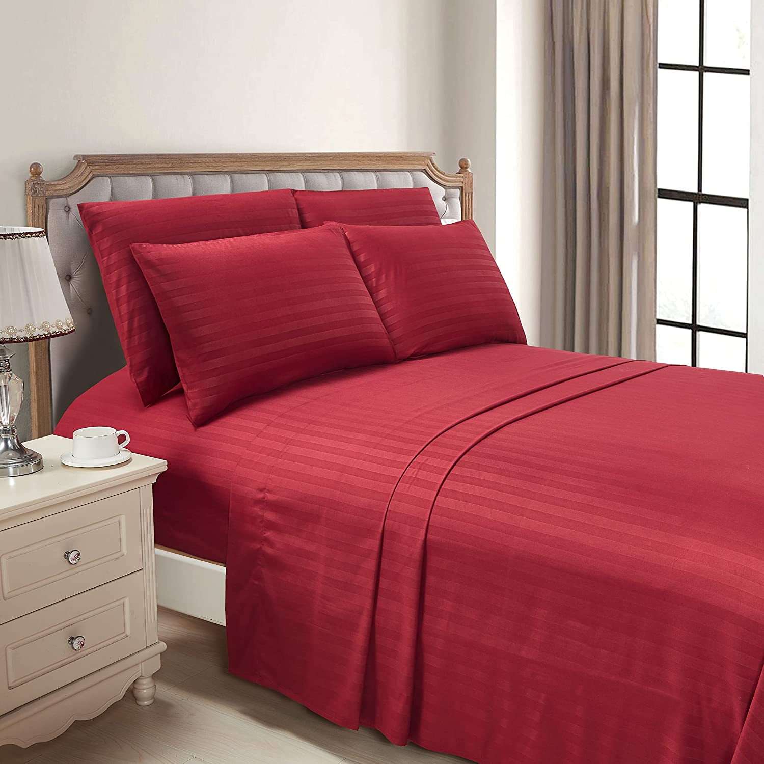 6 Piece Bamboo Sheet Set for Bed - 100% Pure Bamboo - Fit 30" Inch Deep Pocket Silk Feel, Cooling, Anti-Static, Extra Soft and Luxury - Burgundy Stripe, Twin XXL Size.