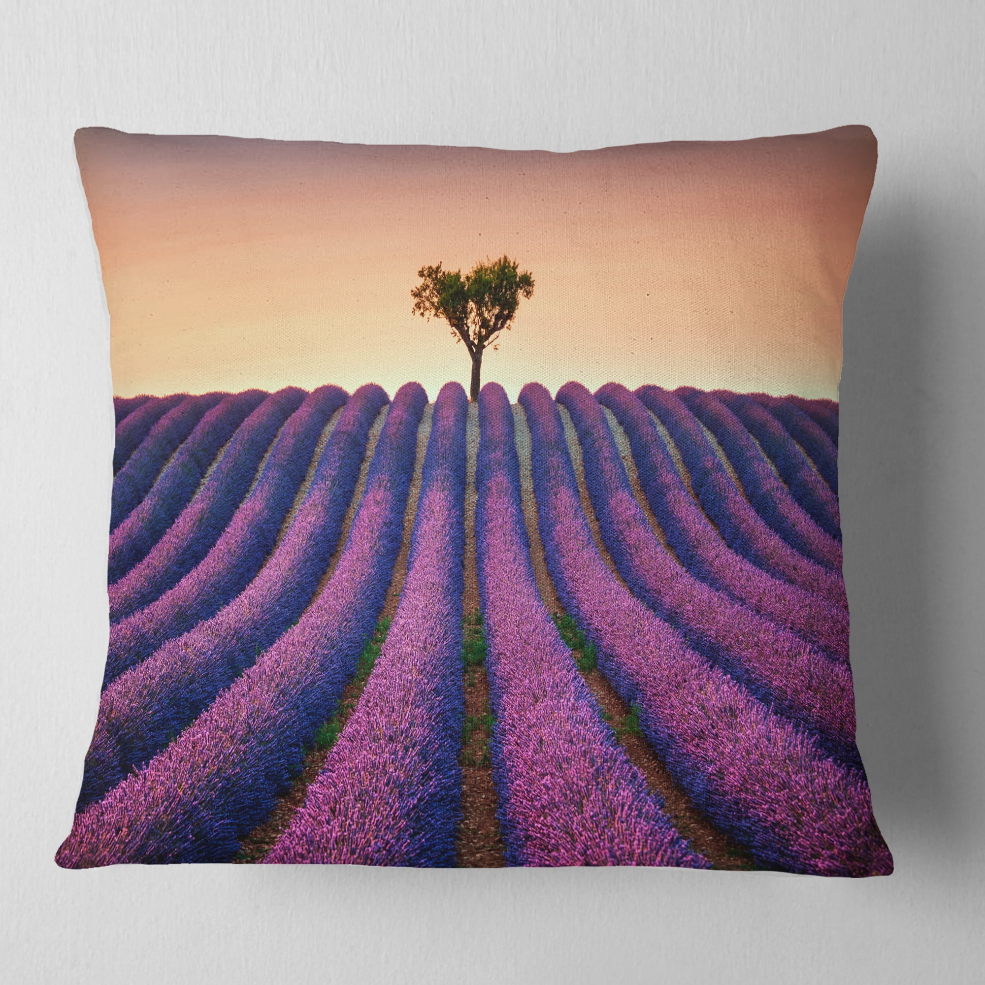 Designart Lavender and Lonely Tree Uphill - Landscape Photography Throw Pillow - 16x16