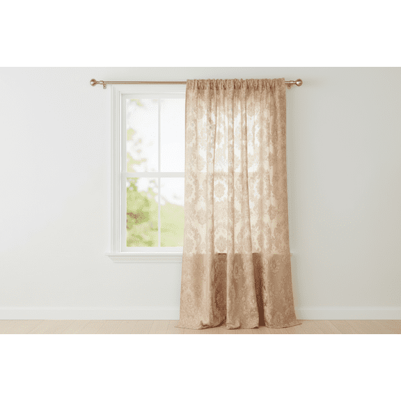 Flocking Damask Taffeta Window Curtain 56 Inch Wide Beige on Beige