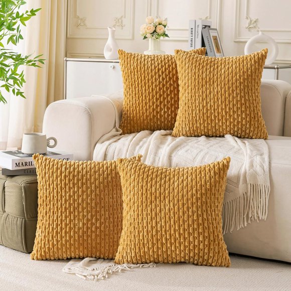 Ensemble de 4 Housses de Coussin Décoratives Jaune Moutarde 18x18 Pouces Housses de Coussin en Velours Côtelé pour Lit Canapé Sofa Salon Housses de Coussin Douces Jaune Moutarde 18x18 Pouces (Lot de 4)