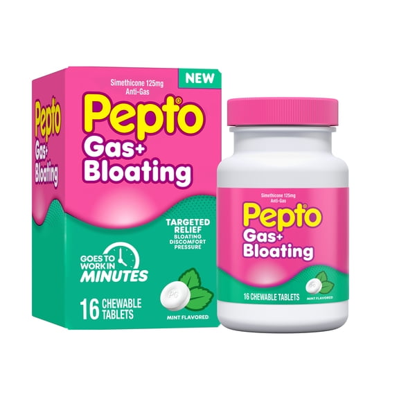 Pepto Gas Bloating, Simethicone 125 mg Chewable Tablets, Anti Gas, 16 Count