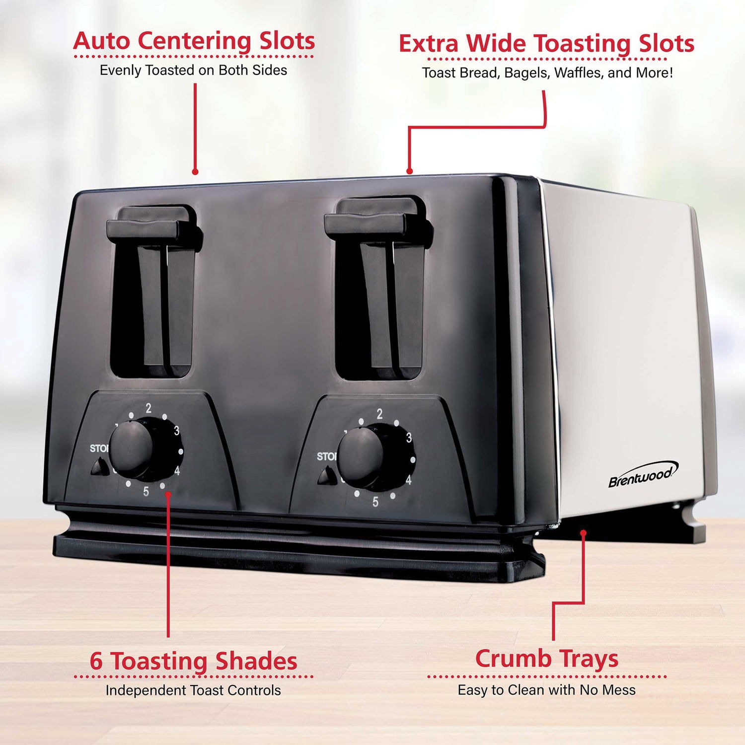 Brentwood 4-Slice Toaster, Black/Silver