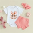 thumbnail image 4 of WIBACKER 0-18M 3Pcs Newborn Baby Girl Easter Outfit Short Sleeve Romper Bunny Pompom Shorts Set, 4 of 12