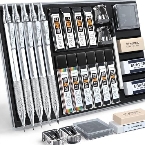 STAGEEK 37PCS Art Mechanical Pencil Set, Drafting Pencil 5 Sizes- 0.3, 0.5, 0.7, 0.9MM & 2PCS 2.0MM Mechanical Drawing Pencils with 492PCS Leads (6B 4B 2B HB 2H 4H Color) for Artist Sketching