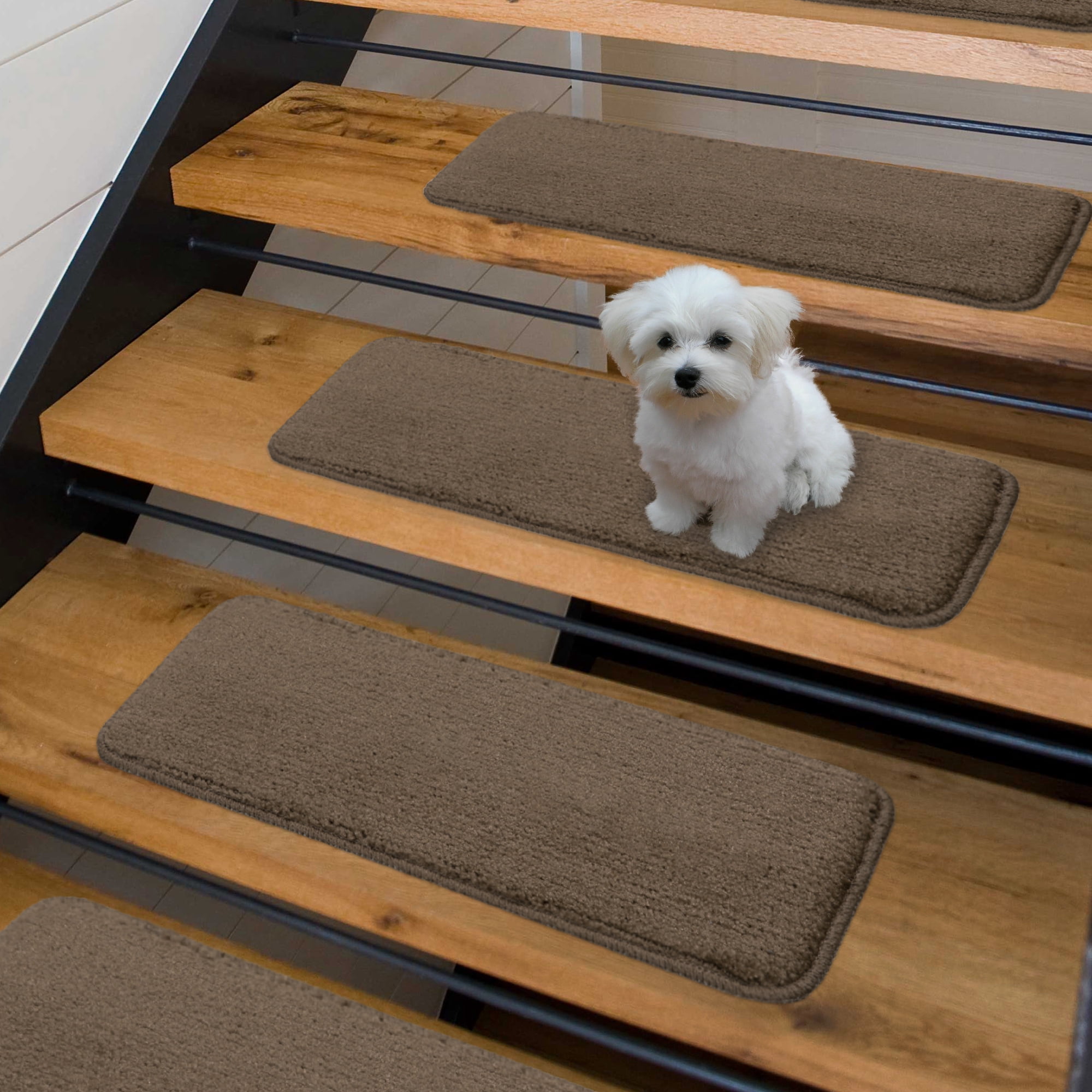 Sweet Home Stores Luxury Washable Non-Slip Rubberback Solid 9" x 26" Indoor Stair Treads, 5 Pack, Brown