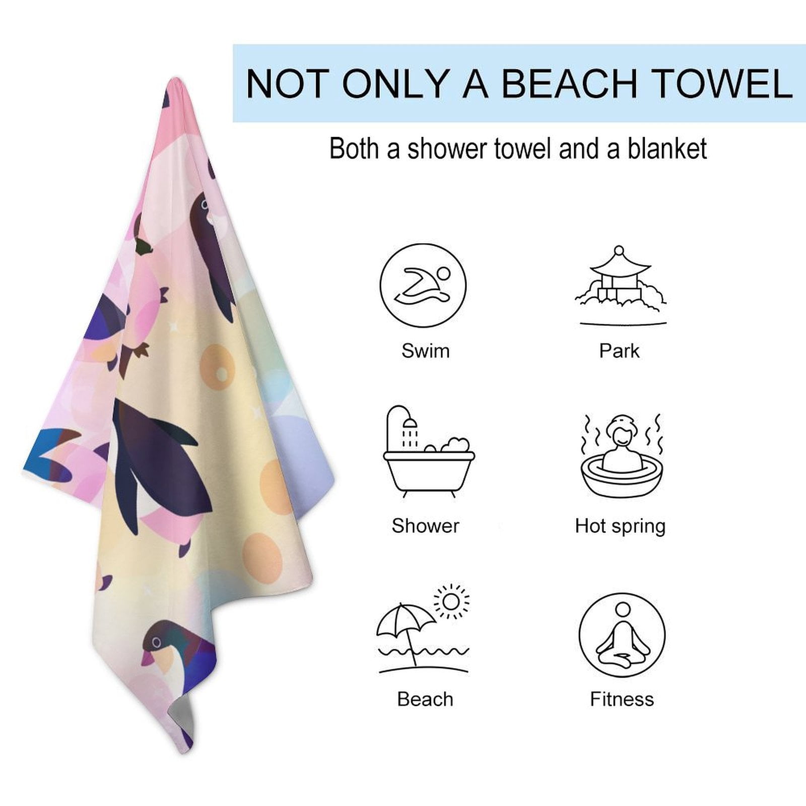 Cute Penguin Beach Towel – with A Unique Design, Extra Large,XL (32”x 63”) for Kids & Adults