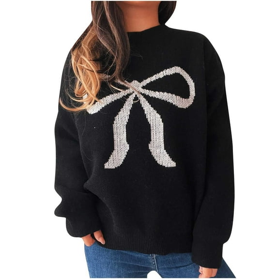 Fengactive Women's Cute Bow Print Loose Sweater Fall Long Sleeve Knit Crewneck Pullover Tops Home Daily Casual Outfits