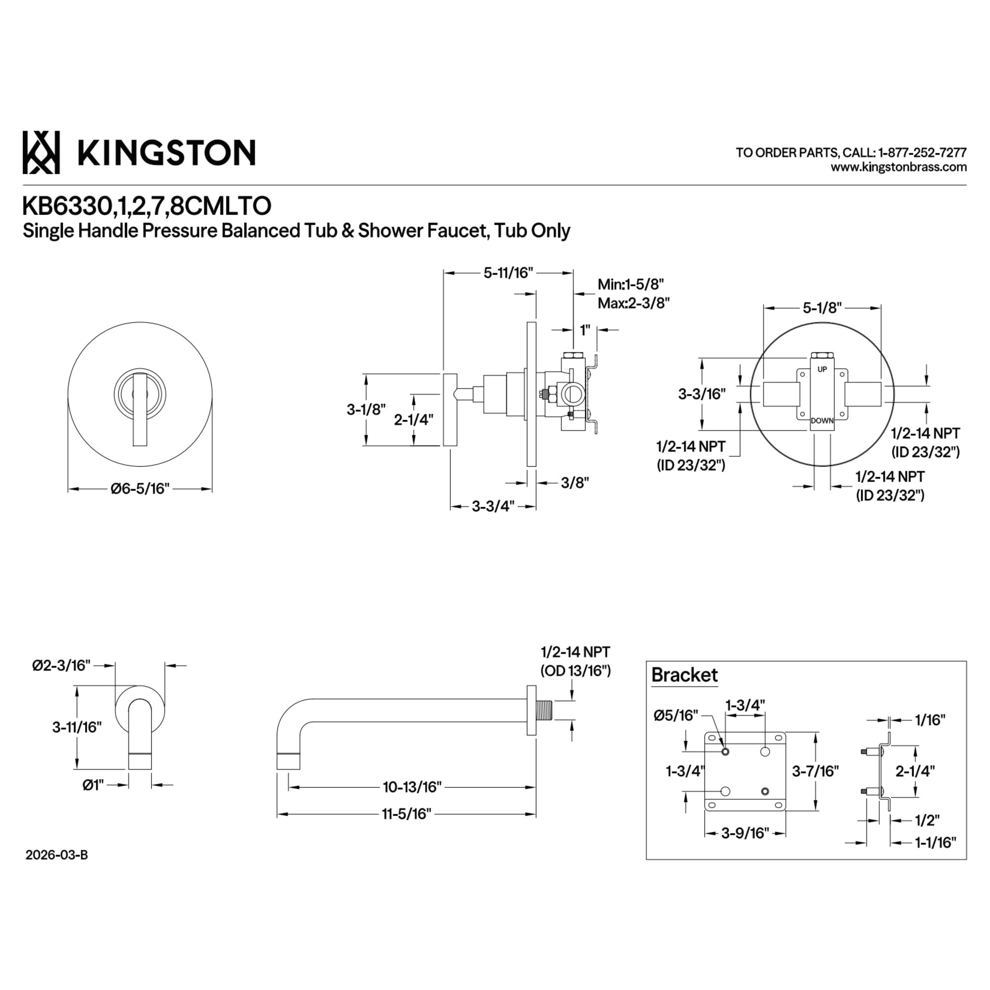 Kingston Brass KB6331CMLTO Manhattan Single-Handle Pressure Balanced Tub Faucet in Polished Chrome