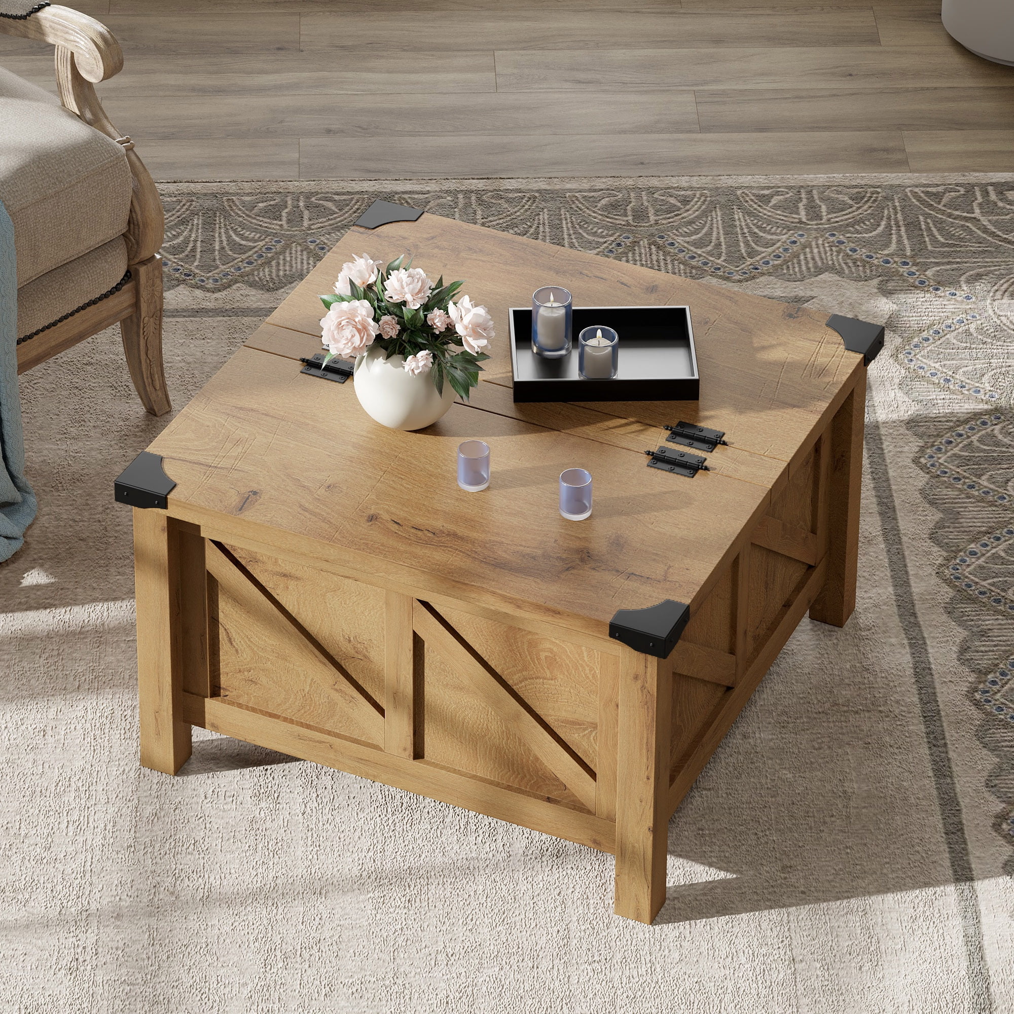 WAMPAT Farmhouse Square Coffee Table with Storage for Living Room,30 inch Z-shaped Wooden Strips Center Table with Flip-Top for Large Hidden Storage, Metal Wrapped Table Corners,Oak Brown