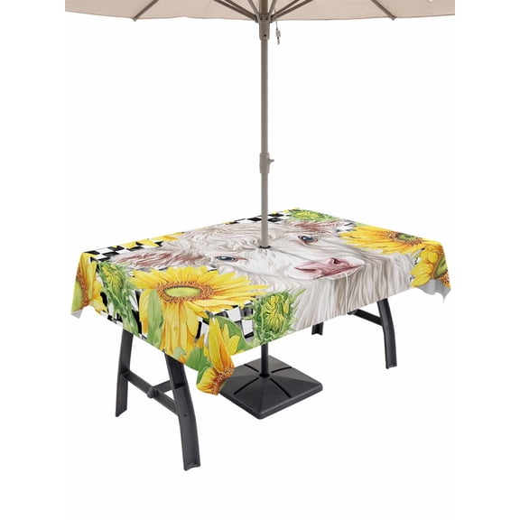 Farmhouse Sunflowers Outdoor Tablecloth - 60x120 Inch Rectangle Dining Table Cover, Country Cow Black Plaid Checkered Waterproof Outdoor Table Cloth with Umbrella Hole & Zipper for Picnic/Patio/Party