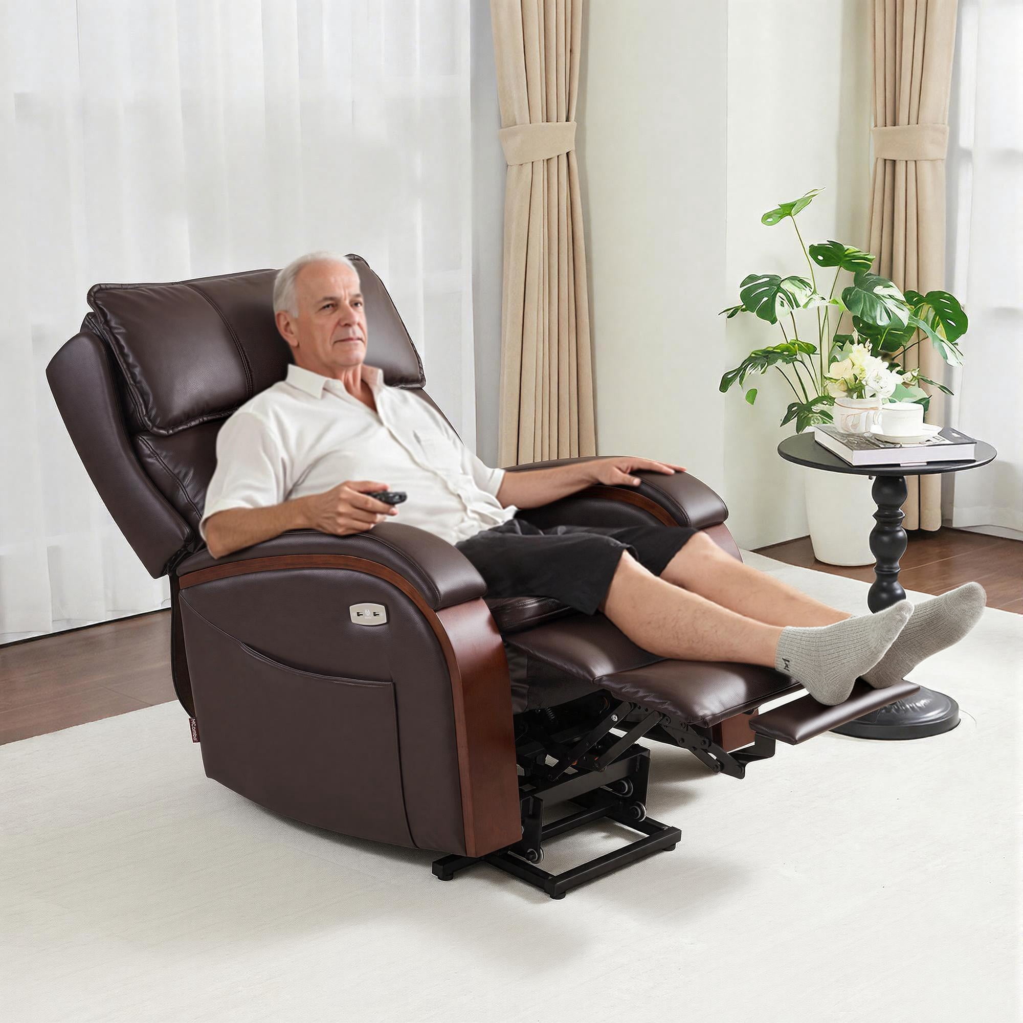 MCombo Power Lift Recliner Chair with Massage and Heat, Adjustable Headrest for Elderly, Solid Wood Armrest, Faux Leather, Dark Brown