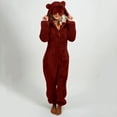 thumbnail image 2 of Dazajoo Wine Fuzzy Onesie Pajamas for Women Zipper Hooded Long Sleeve Jumpsuit Warm Sleepwear Cute Sherpa Romper with Eye Mask,XL, 2 of 7