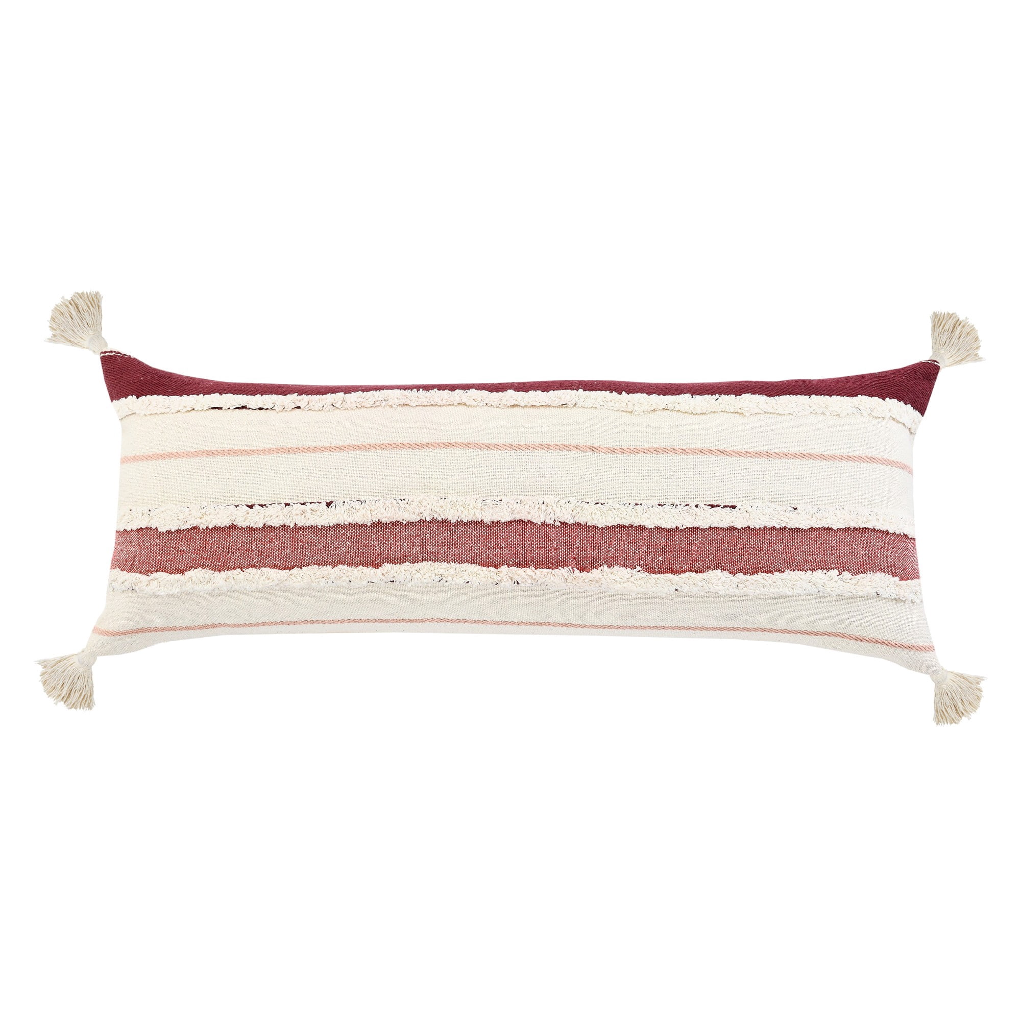 Laddha Home Designs Hand Stitched Striped Cotton Lumbar Pillow Cover - 36" - White and Red