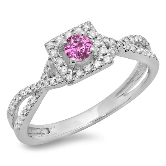 Dazzlingrock Collection 14K Pink Sapphire And White Diamond Bridal Split Shank Halo Engagement Ring, White Gold, Size 8.5