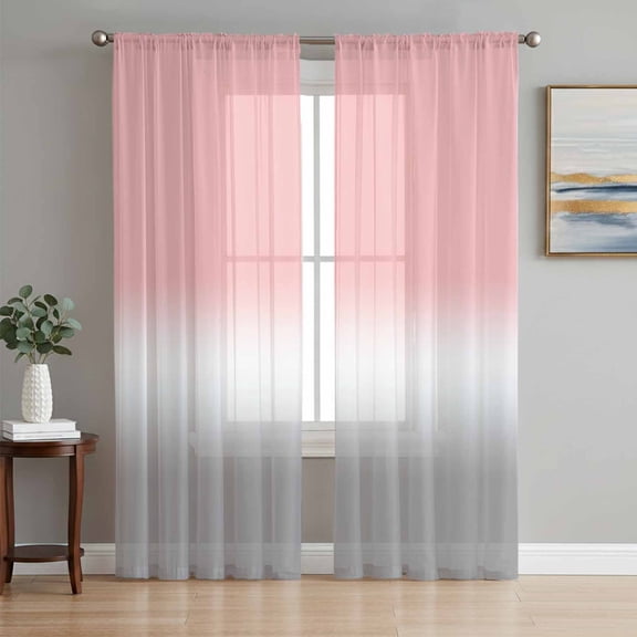 Pink White Grey Ombre Semi Sheer Curtains 63 Inch Length 2 Panels Set, Modern Abstract Aesthetics Sheer Kitchen Curtain Privacy Voile Window Curtain for Living Room Bedroom Rod Pocket Drapes