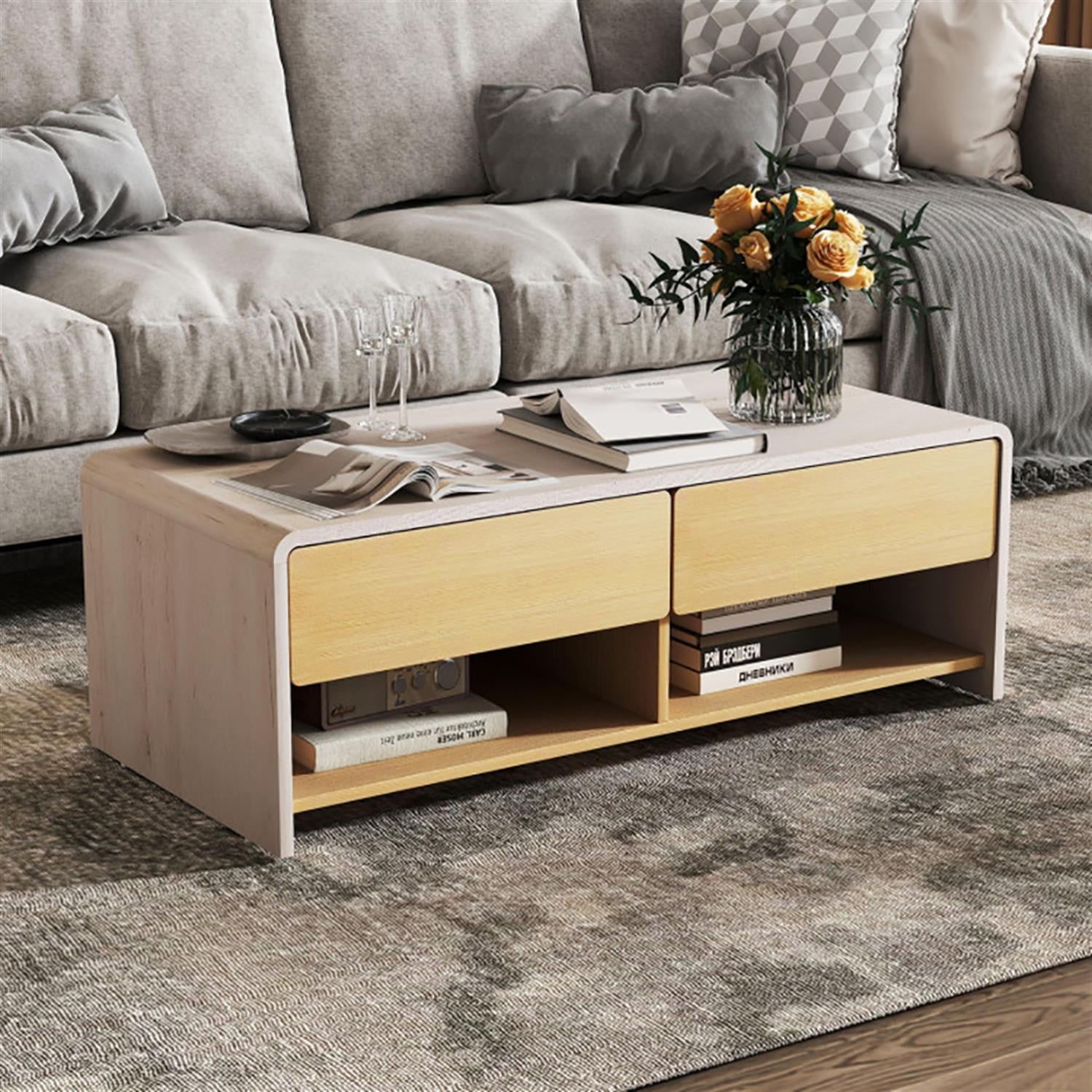 Demi Bonn Modern Coffee Table, Dining Center Tables with 2 Drawers and 2 Storage Shelf for Living Room, Bedroom, Office and Balcony, Beige