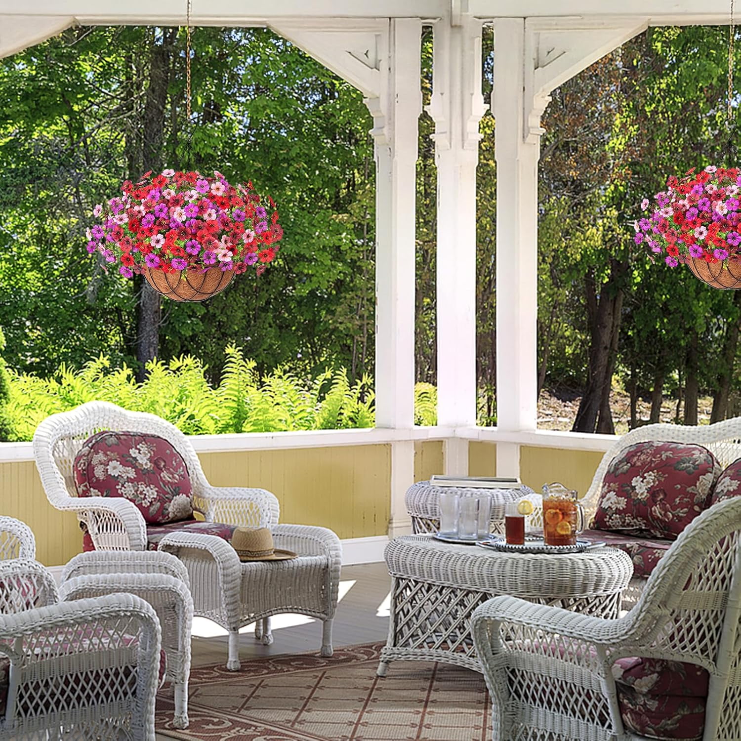 Artificial Fake Hanging Flowers Plants Baskets for Outdoor Spring Summer Decoration, Faux Silk Morning Glory in Planter UV Resistant Realistic for Home Outside Porch Patio Balcony Garden Yard