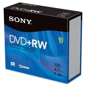 Sony DVD Rewritable Media - DVD+RW - 4x - 4.70 GB - 10 Pack Slim Jewel Case - 120mm - 2 Hour Maximum Recording Time