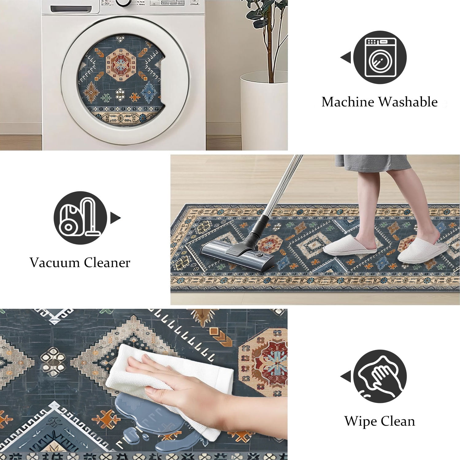 TECHVIDA Kitchen Rugs 3 Piece Set,Non Slip Machine Washable Kitchen Mats,Boho Vintage Abstract Kitchen Carpet for Farmhouse Living Room Hallway