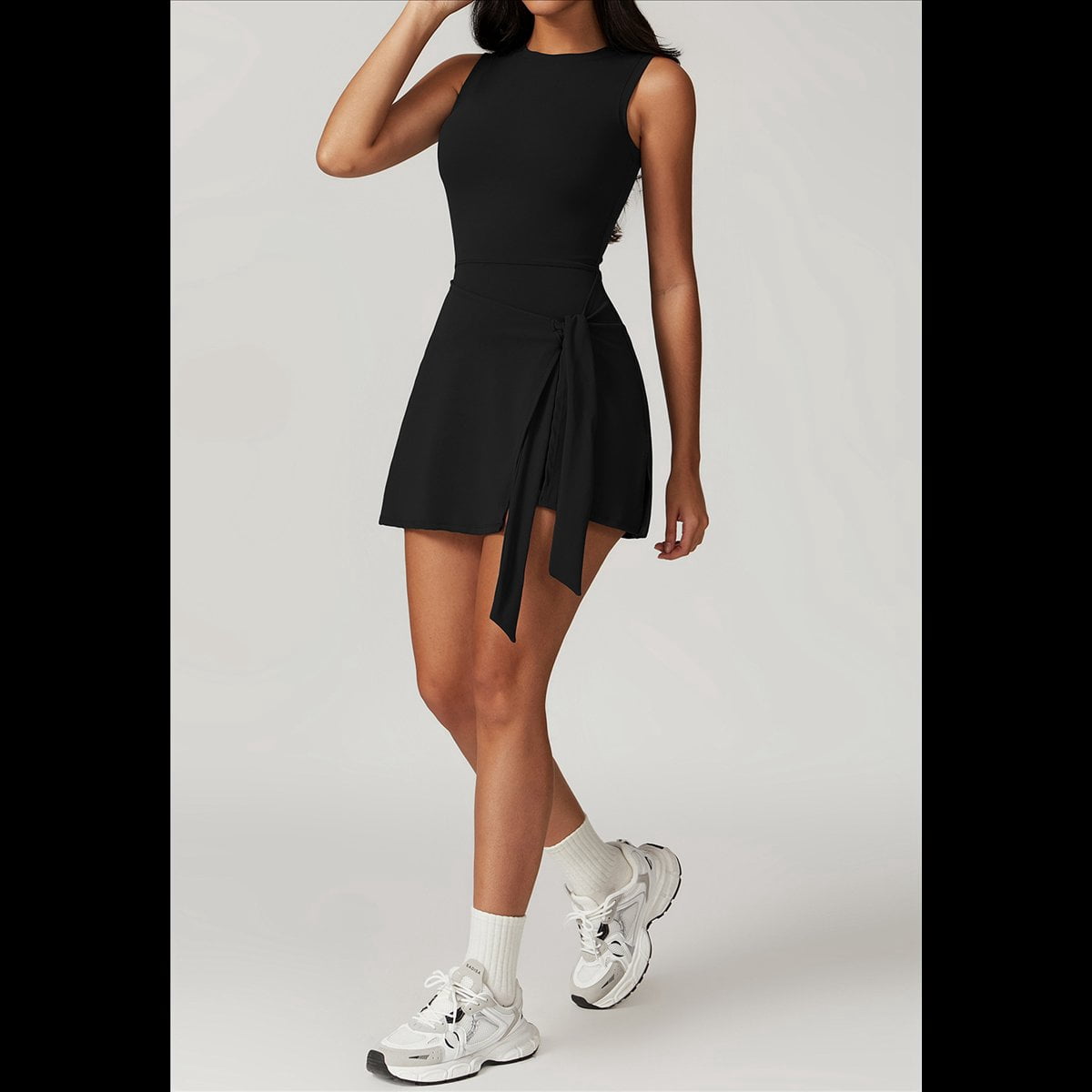 Womens High Neck Tennis Dress Sleeveless Wrap Skirt Built in Shorts Golf Athletic Dress Workout Rompers Advanced Black L