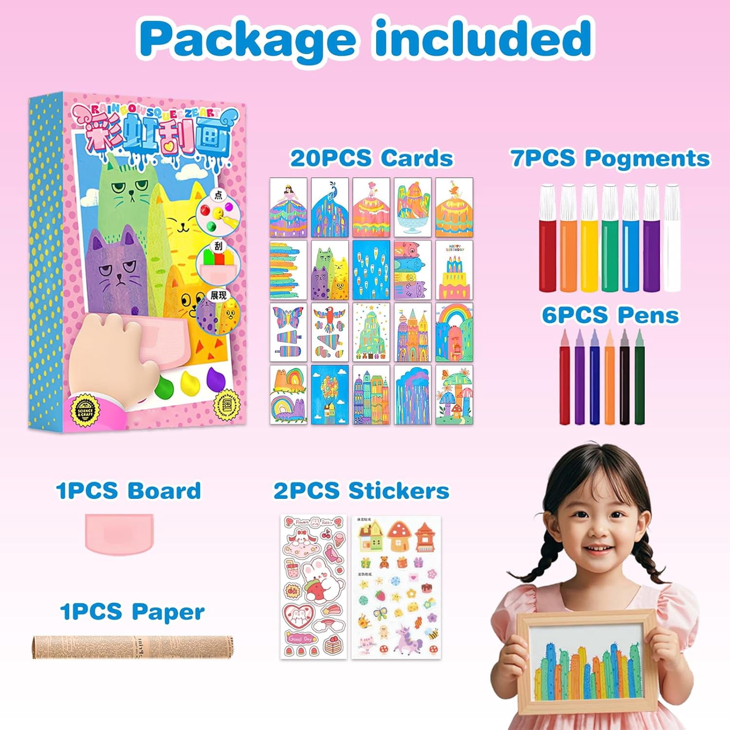 Magic Rainbow Scratch Art – Creative Squeegee Painting Kit, Rainbow Scratch Paper Art Set, DIY Postcards & Novelty Gifts for Girls & Boys, Party Favors