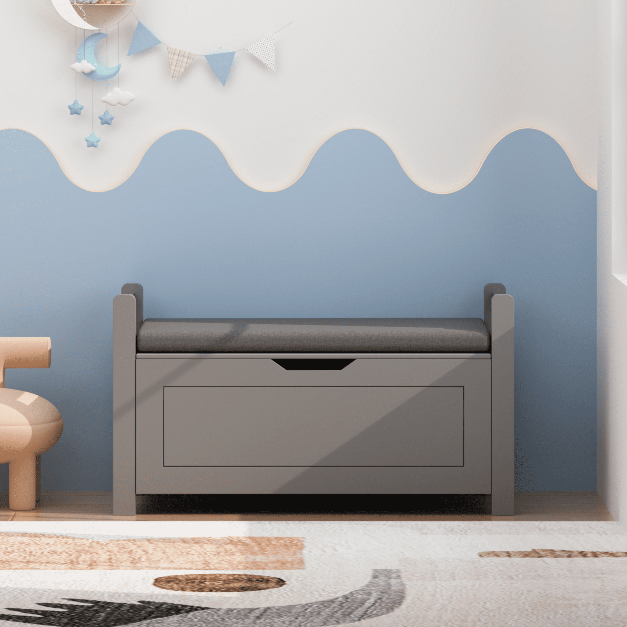 Kids Toy Box Chest for Boys Girls, Large Storage Cabinet with Cushion Seat Bench/ Flip-Top Lid/ Safety Hinge, Toy Storage Organizer Trunk for Nursery, Playroom (Gray)