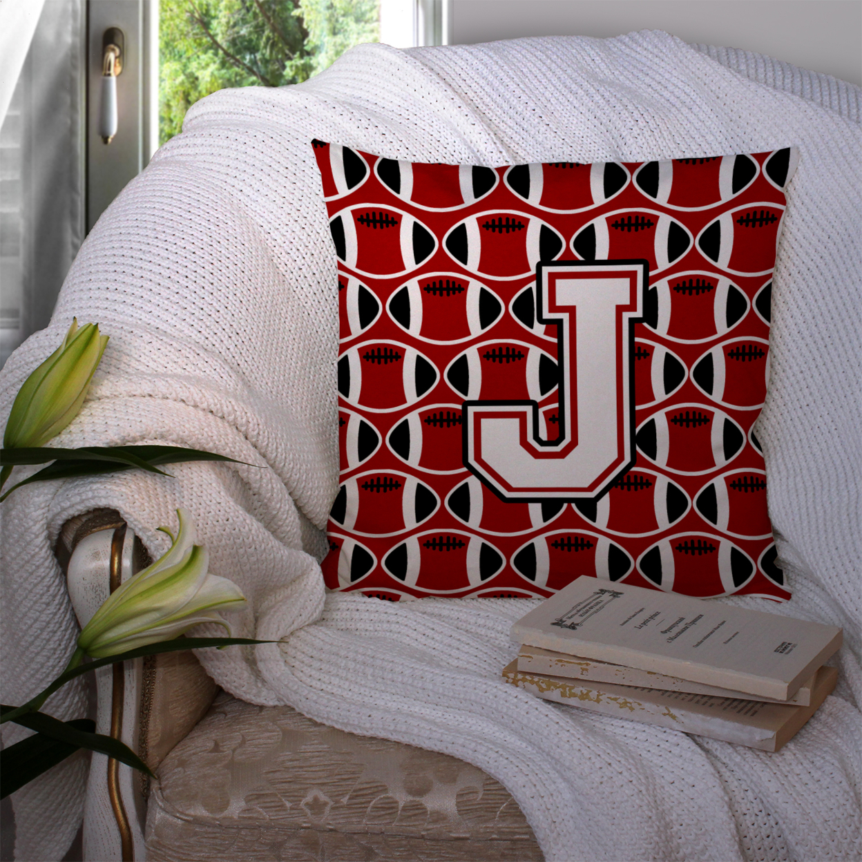 Letter J Football Cardinal and White Fabric Decorative Pillow