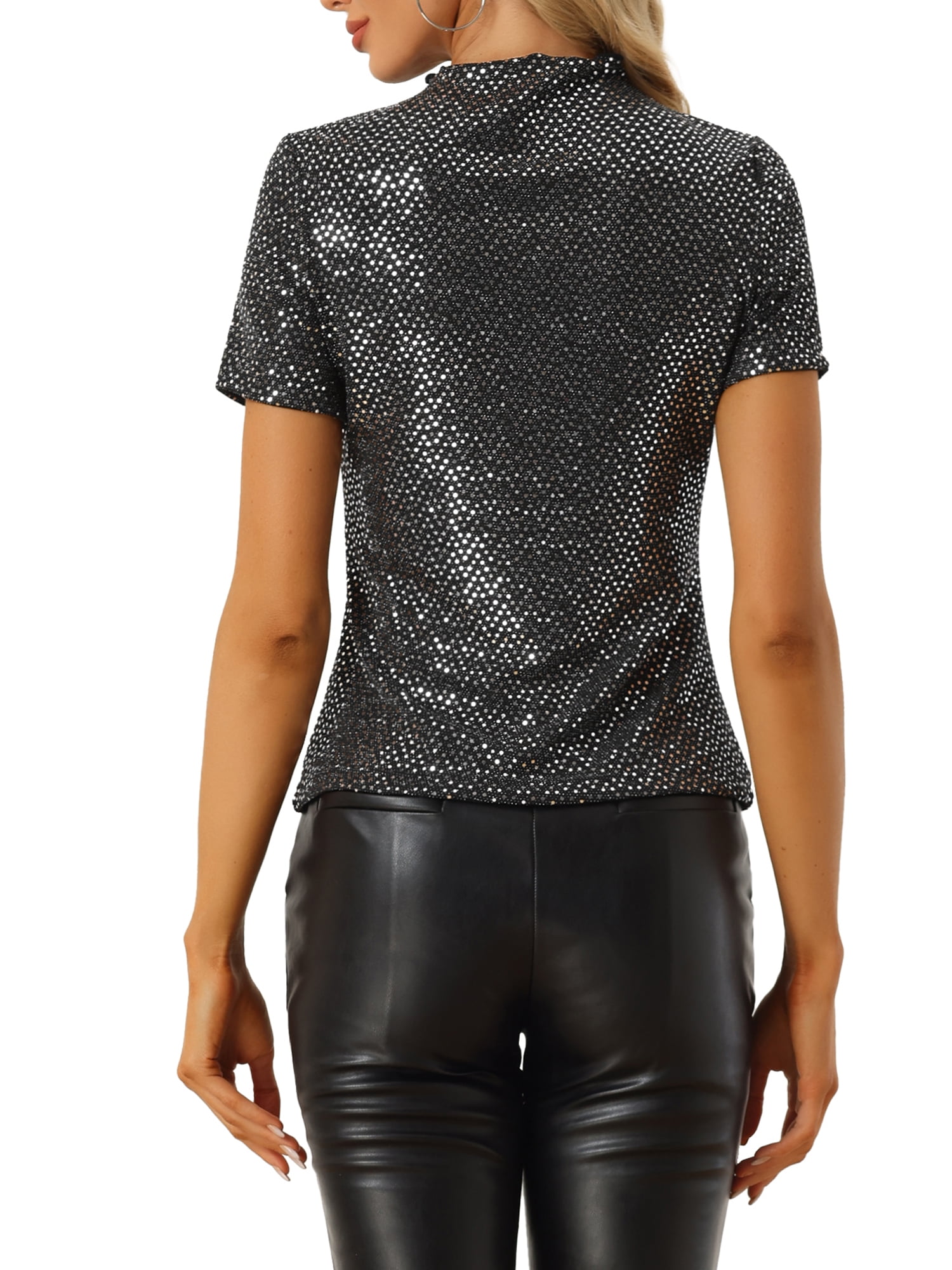 Unique Bargains Women's Sequin Top Short Sleeve Mock Neck Sparkly Party Blouse Silver S