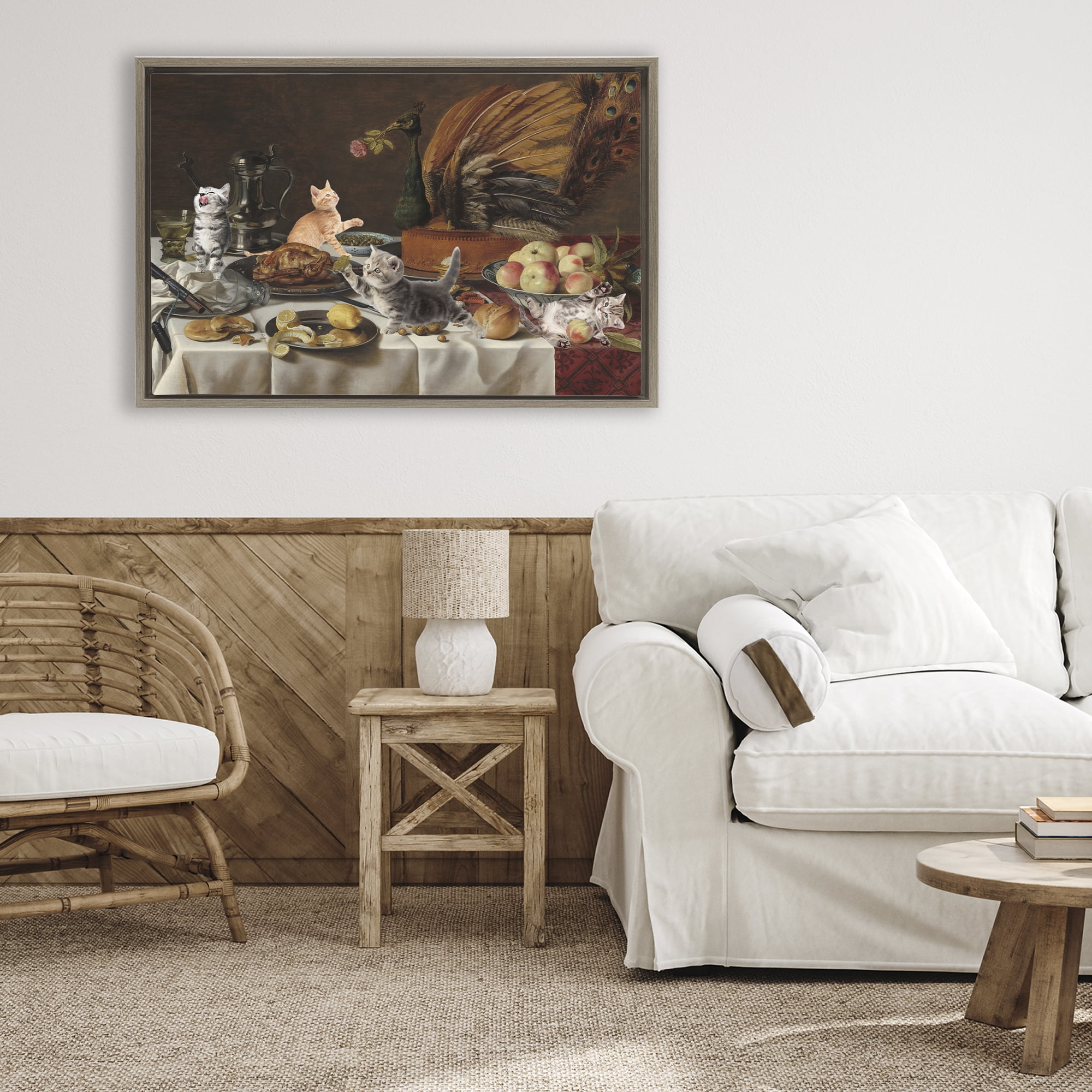 Kittens on Still Life Feast Brown Framed Floater Canvas Wall Art, design by Masters Redux