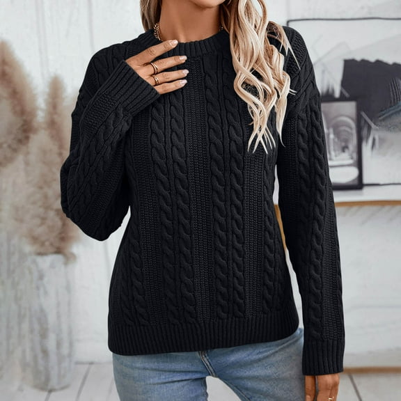 Zedker Sweaters for Women Chunky Cable Knit Sweater Long Sleeve Crewneck Loose Fit Fall Lightweight Women Sweaters Pullover Top for Fall Winter,Plus Black L