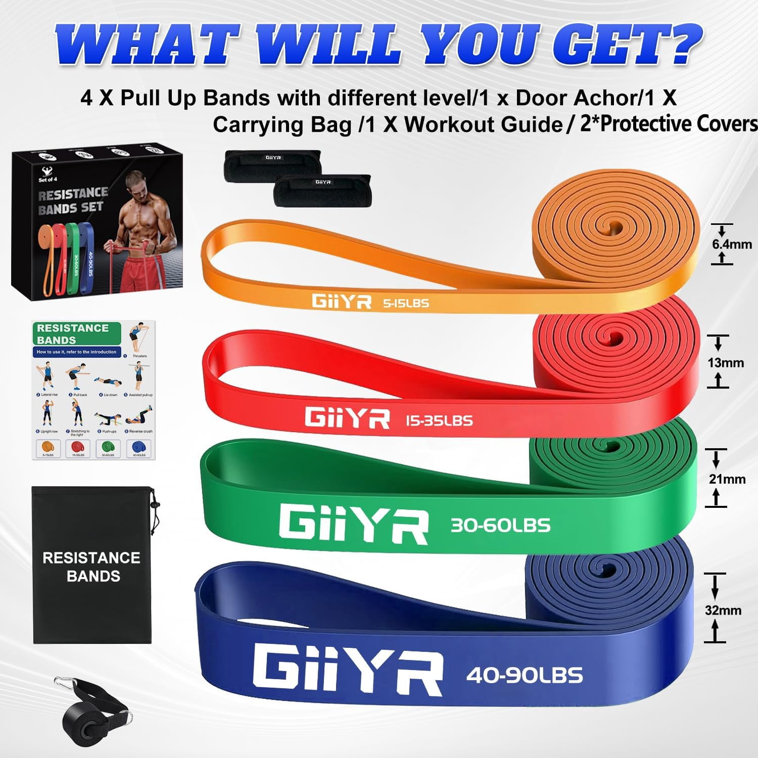 JJEAN-Resistance Bands Set for Men & Women - 4 Levels Exercise Band with Door Anchor, Pull Up Bands for Strength Training, Stretching, Powerlifting, Home Workouts