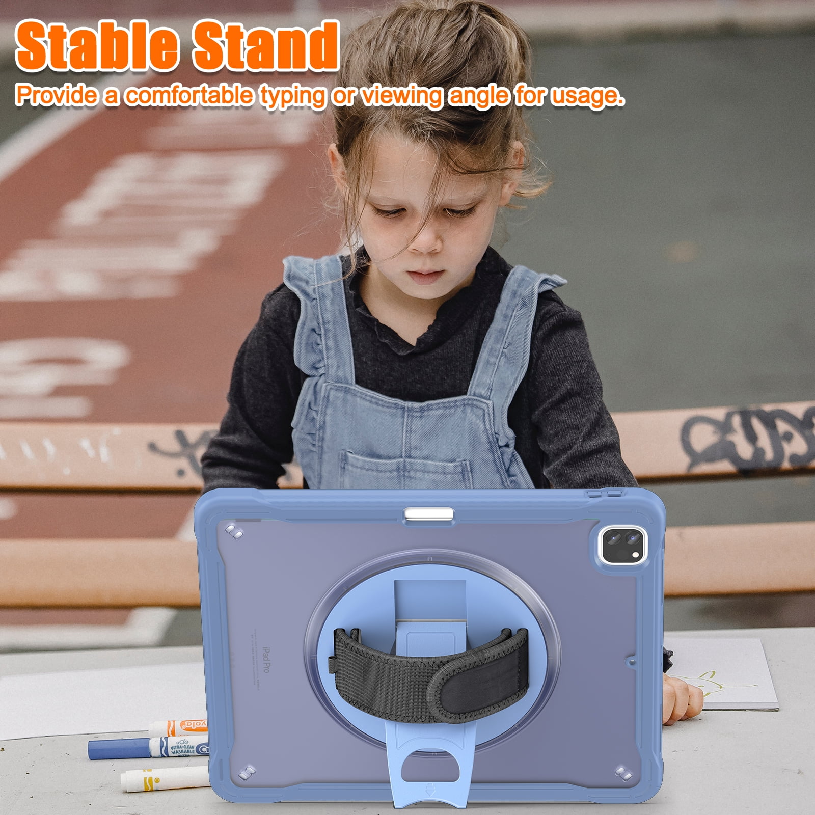 Dteck Case for iPad Pro 12.9-inch 3rd/4th/5th/6th Generation (2018/2020/2021/2022),Military Grade Shockproof Silicone Cover 360° Rotatable Stand- Shoulder Strap- Handle- Pencil Holder,Grey
