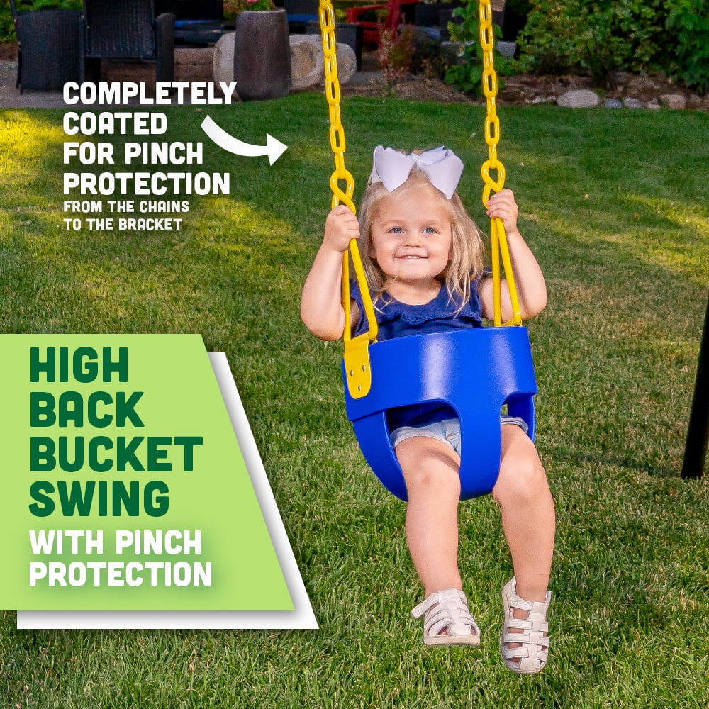 Deluxe High Back Full Bucket Toddler Swing with Exclusive Chain & Triangle Dip Pinch Protection and Carabiners for Easy Install&nbsp;- Blue - Squirrel Products